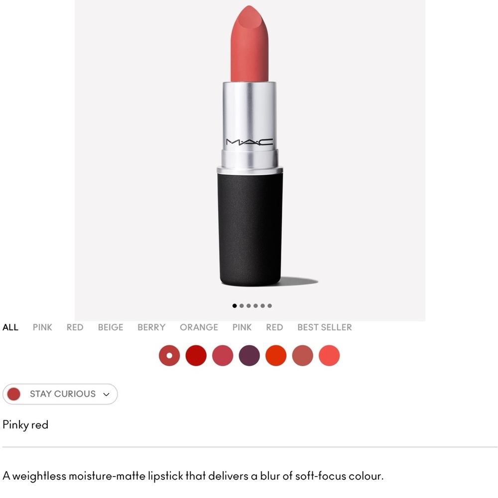 M.A.C cosmetics powder kiss lipstick is shade “stay curious”